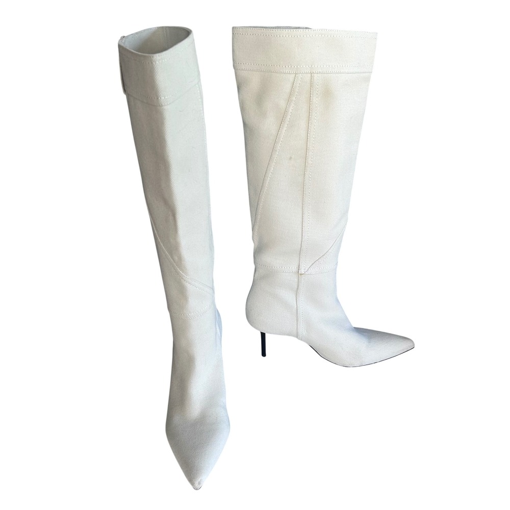 Zara Knee High Denim Boots Womens Size 9 EU 40 White Stiletto Pointed Toe - Picture 4 of 14